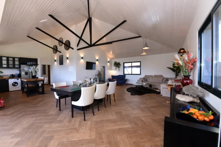 Bright living room with open kitchen in a holiday apartment in Madeira